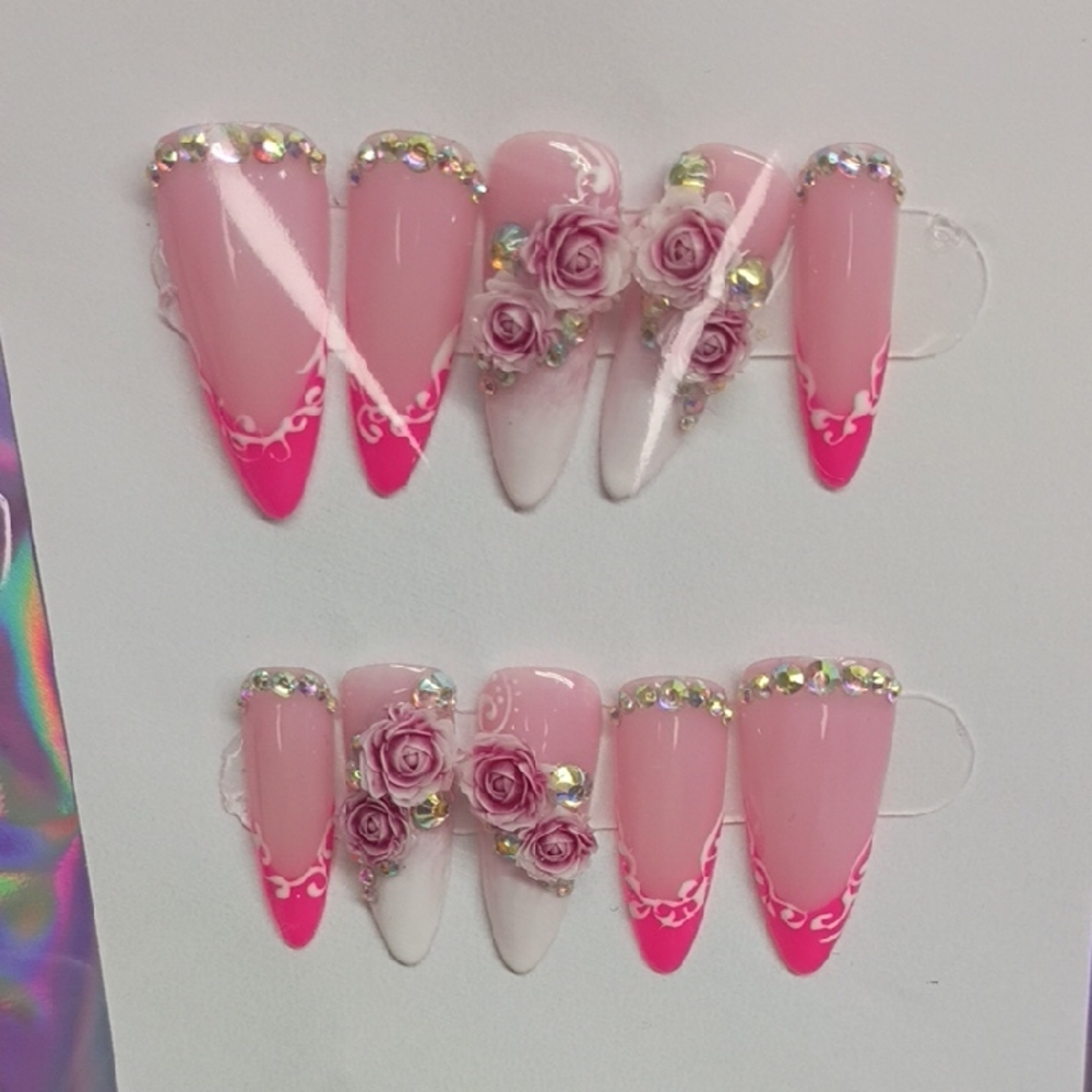 Pink Floral Rhinestone Press-On Nails